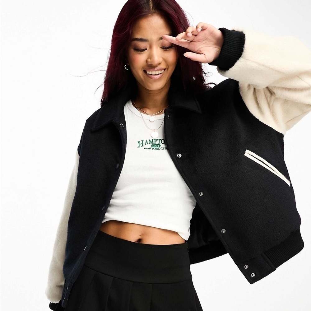 ASOS Brushed Varsity Bomber Jacket With Collar